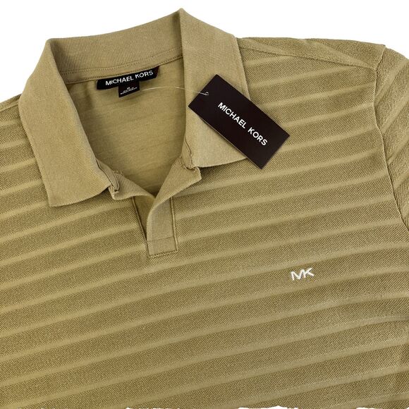 New Mens Michael Kors Short Sleeve Polo Shirt Size Medium Tan NWT $98 Striped - Picture 1 of 8